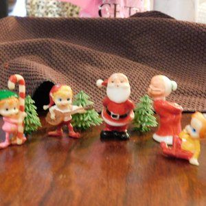 Mr and Mrs Claus with their Elves Set Small Figure Characters Vintage